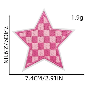 Macro shot of pink checkered star embroidery patch with 7.4cm measurement scale