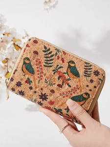 Women Zipper Short Wallet Eco-friendly Cork Large Capacity Vintage Floral Bird Print Multi Card Slots Coin Purse