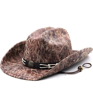 Western Cowboy Hat Vintage Cracked Faux Leather Wide Brim Sun Protection With Adjustable Wind Rope Retro Style
