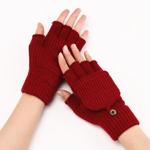 Detailed view of dark red striped knit gloves with button accent and convertible flap top