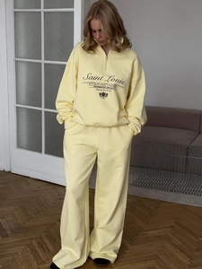 Women Casual Half Zipper Sweatshirt And Wide Leg Pants Cotton Letter Embroidered Sporty Sweatshirt And Trousers