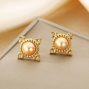 Retro 18K gold plated Baroque pearl stud earrings with sparkling crystals for women