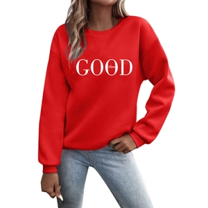Women red round neck sweatshirt with Good Vibes letter print in soft cotton fabric