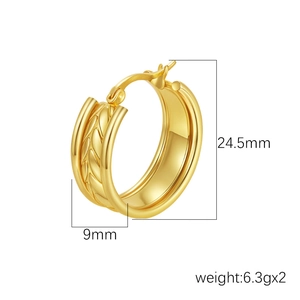 Golden chunky hoop earrings with textured engraving, 24.5mm height, professional jewelry view