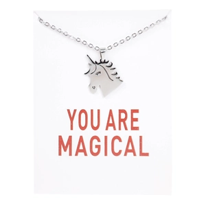 Detailed view of silver unicorn necklace with heart cutout on gift card with text