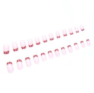 Classic red French tip short square fake nails with white stars on light pink base