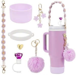 Purple flower cup accessory set with straw cover and silicone boot for Stanley tumblers