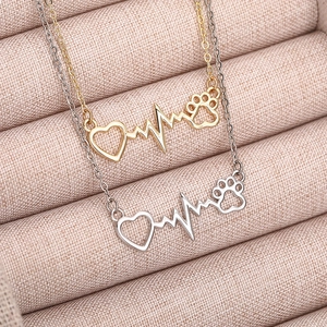 Cat paw and heart heartbeat pendant necklace in gold and silver stainless steel