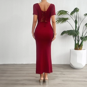 Vestito Maxi Da Donna Scollo Quadrato Maniche Corte Aderente In Maglia Abito Lungo Misto Cotone Schiena Intrecciata Elegante