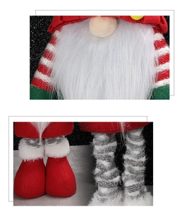 Macro shot of red plush Christmas gnome with white beard and striped knitted legs texture