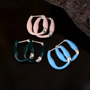 French Colorful Enamel Hoop Earrings For Women 925 Sterling Silver Post Copper Geometric U-Shaped Heart Stud Jewelry Gift