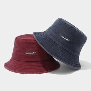 Outdoor washed cotton bucket hat with shark embroidery in burgundy and navy blue