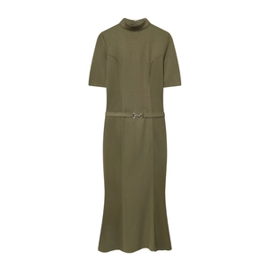 Olive green stand-collar short-sleeve knit midi dress with belt and fishtail hem