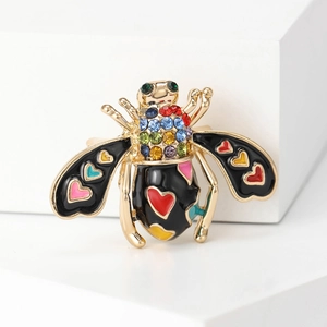 Golden enamel honeybee brooch with colorful rhinestones and heart pattern on wings