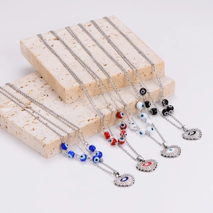 French vintage stainless steel devil eye heart pendants with colorful beads on silver chains