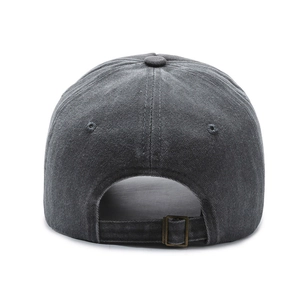 Rear view of vintage charcoal grey washed cotton baseball cap with adjustable metal buckle
