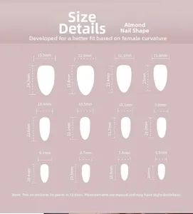 Tableau des tailles pour 24 faux ongles amande avec longueur et largeur en mm