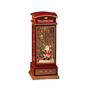 Vintage red Christmas telephone booth lantern with Santa Claus and LED glowing glitter
