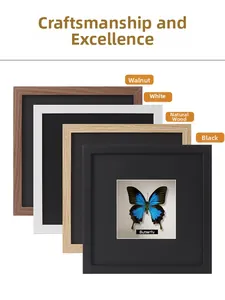 Detail of 3D shadow box frames in walnut, white, natural wood, and black wood finishes