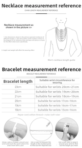 Size guide for Cuban chain necklaces and bracelets with length measurement instructions