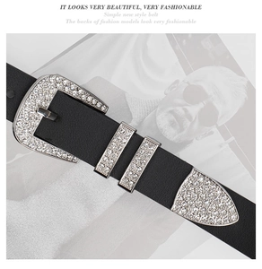 Detail of Y2K black leather belt with sparkling rhinestones and horseshoe buckle