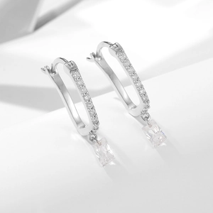 Elegant U-shaped silver hoop earrings with rectangular zircon crystals and pavé diamonds