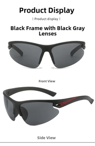 Front and side view of black half-frame sports sunglasses with red stripe detail