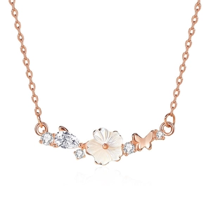 Elegant rose gold S925 silver necklace with white flower, butterfly and zircon pendant