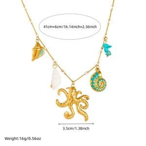 Gold chain necklace with blue octopus, seashells, and turquoise stone pendants