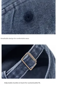 Detail of breathable eyelets and adjustable metal buckle on washed cotton flat cap