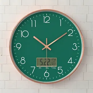 14-inch dark green wall clock with rose gold frame and digital LCD calendar display