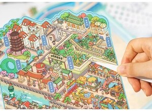 Detail view of 3D Xiamen landmark stickers with cartoon city scenery for DIY journaling