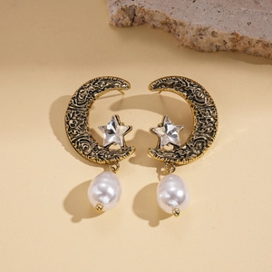 Vintage bronze crescent moon earrings with star crystal and baroque pearl pendants