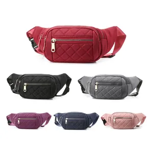 Women Quilted Nylon Waist Bag Rhombic Embroidery Waterproof Chest Bag Multi-Pocket Fashion Fanny Pack Outdoor Sports