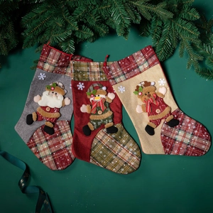 Christmas Stockings Burlap Plaid With 3D Santa Snowman Reindeer Characters Holiday Home Decor Hanging Gift Bags