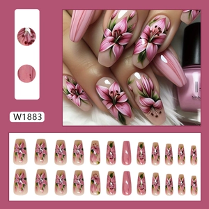 Long coffin press-on nails set with gradient pink floral lily design and 24 pieces