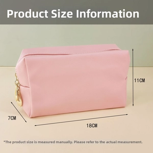 Detailed size specifications of pink crosshatch PU leather cosmetic bag with gold zippers