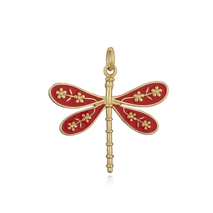 Detailed close-up of a golden dragonfly pendant with vibrant red enamel wings on a white background
