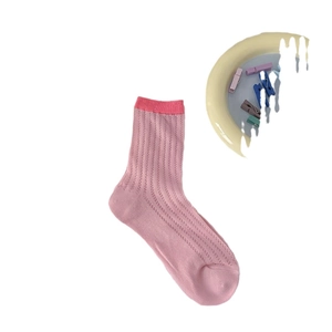 Pink rib-knit cotton crew socks with breathable mesh texture on white background