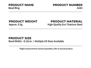 Detailed specification chart for a 0.15cm width bead ring made of titanium steel