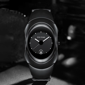 PIN TIME Y2K style black irregular quartz watch with futuristic streamlined case design