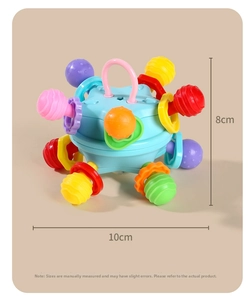 Detail shot of baby sensory ball toy with colorful silicone textures and 10cm width