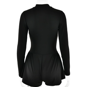 Back view of a sleek black long sleeve romper featuring a smooth and elastic fabric texture