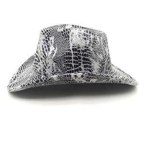 Vue détaillée d'un chapeau de cowboy avec texture peau de serpent noire et blanche