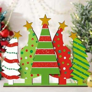 Set of five colorful wooden Christmas tree ornaments with glitter stripes and gold stars