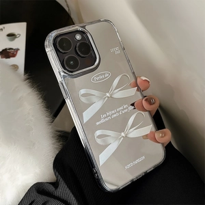 Mirror iPhone 16 Pro case with 3D pearl bow design and elegant Lucky Day lettering