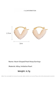 Macro detail of V-shaped heart pearl hoop earrings showing dimensions 1.7x2.0cm and alloy texture