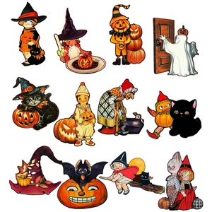 Macro view of vintage Halloween stickers featuring retro witch, pumpkin, and black cat designs