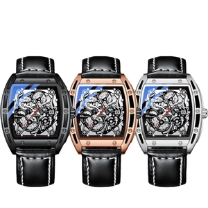 Men's tonneau quartz watch with hollow dial, date display and black leather strap