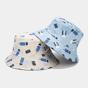 Cartoon pencil pattern cotton bucket hat in off-white and light blue colors